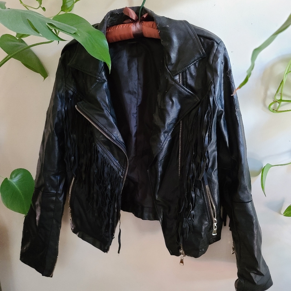 Faux fringe leather bike jacket